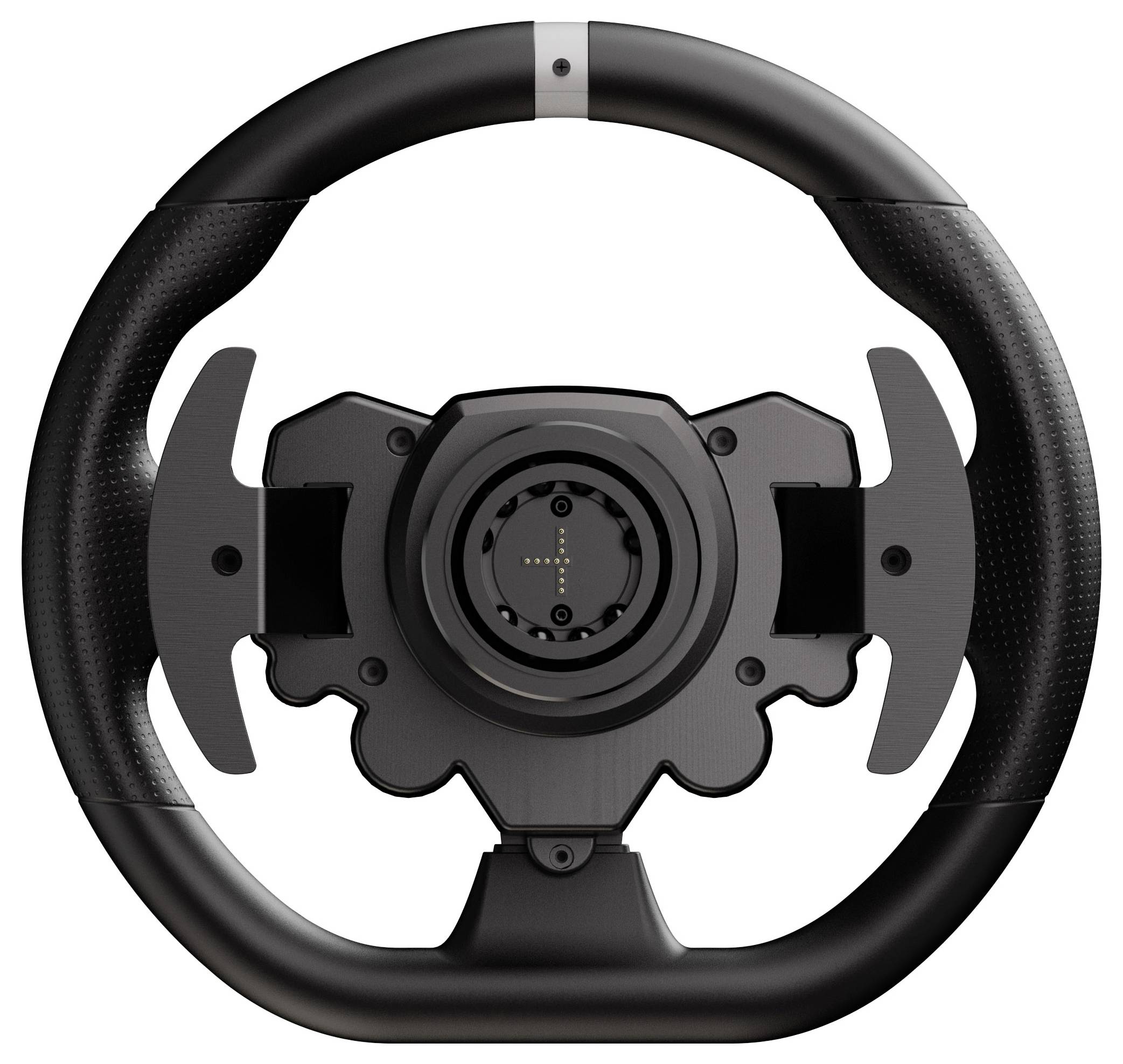 Crno upravljač s paddles mjenjačem, pogodan za racing simulacije, pruža precizno upravljanje i realistično iskustvo vožnje.