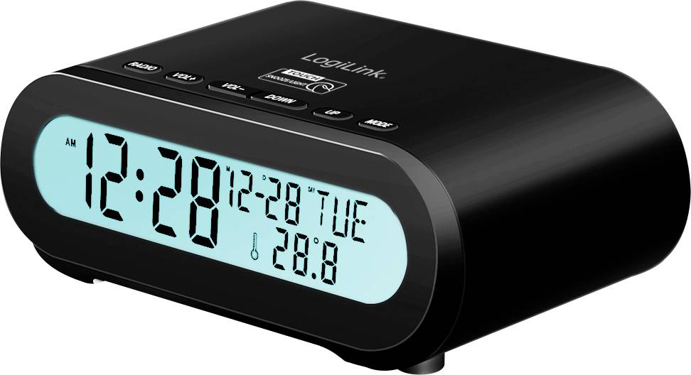 Crni digitalni budilnik prikazuje vrijeme 12:28 AM, datum 12-28 i temperaturu od 28,8 stupnjeva.