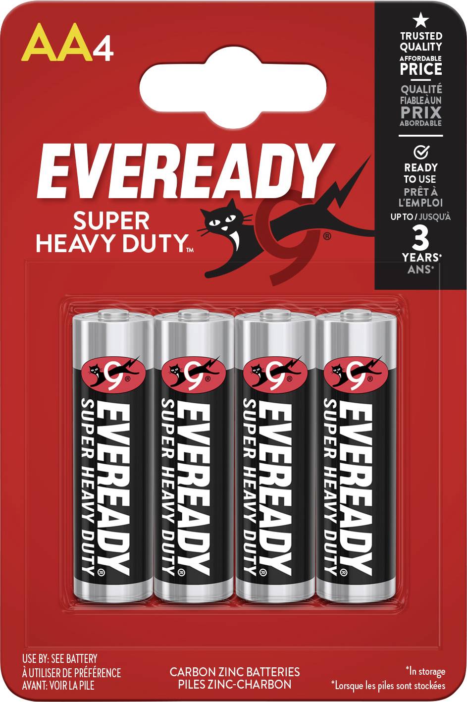Četiri AA baterije s natpisom 'Eveready Super Heavy Duty' u blister pakiranju. Pakiranje naglašava pouzdanost i trajnost skladištenja.