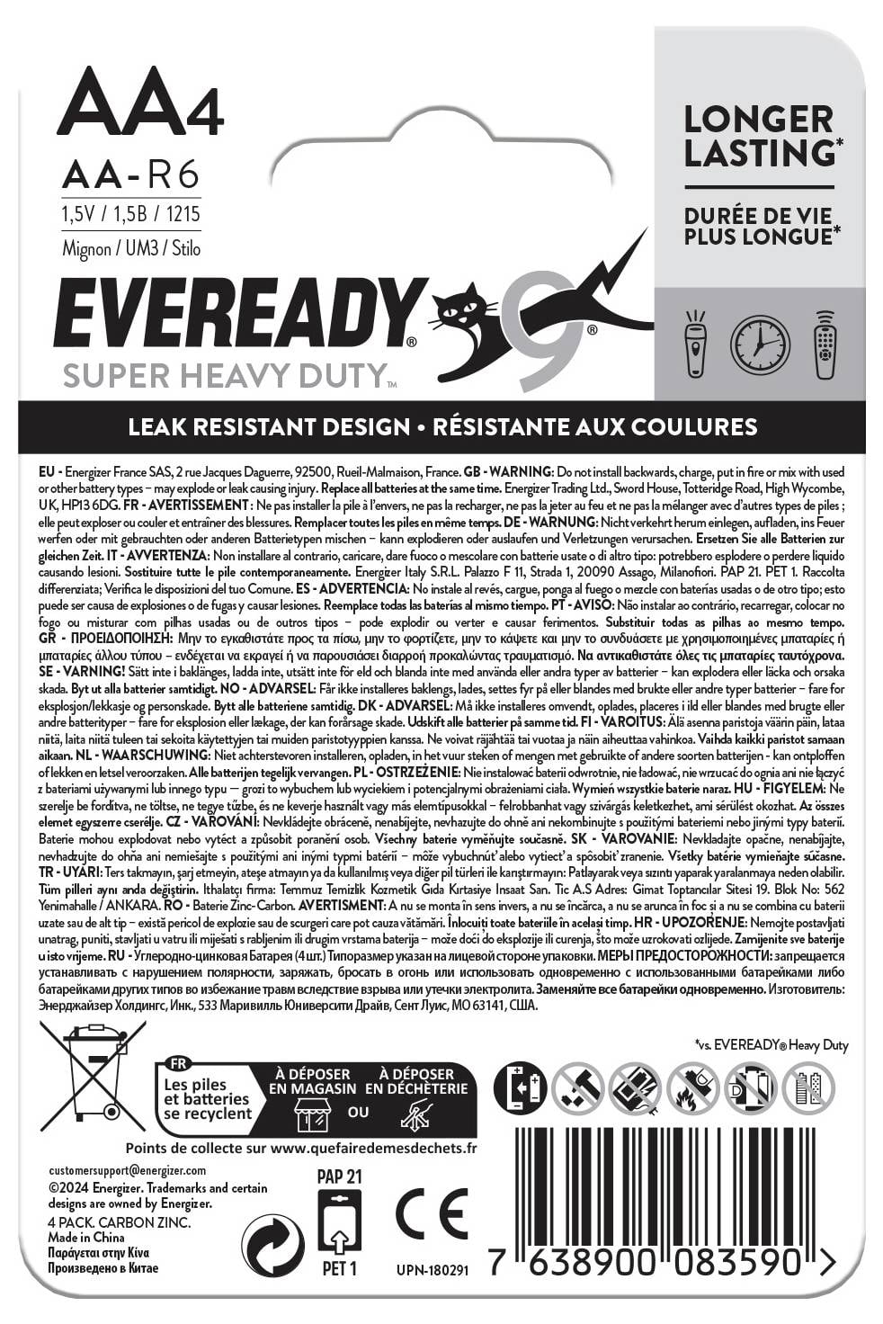 Baterija 'AA4 Eveready Super Heavy Duty'. Sadrži informacije o naponu (1,5V), duljoj trajnosti i sigurnosnim uputama.