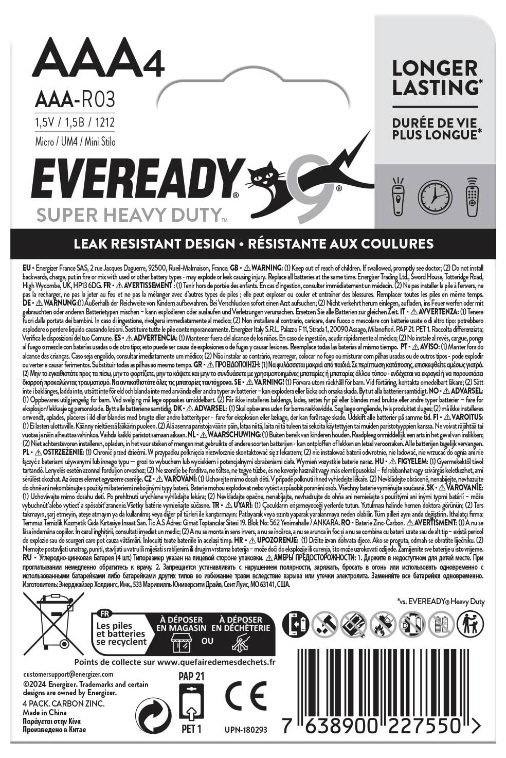 'EVEREADY Super Heavy Duty' AA baterije, 1,5V. Napomene: Otporne na curenje, duži vijek trajanja. Višejezična upozorenja.