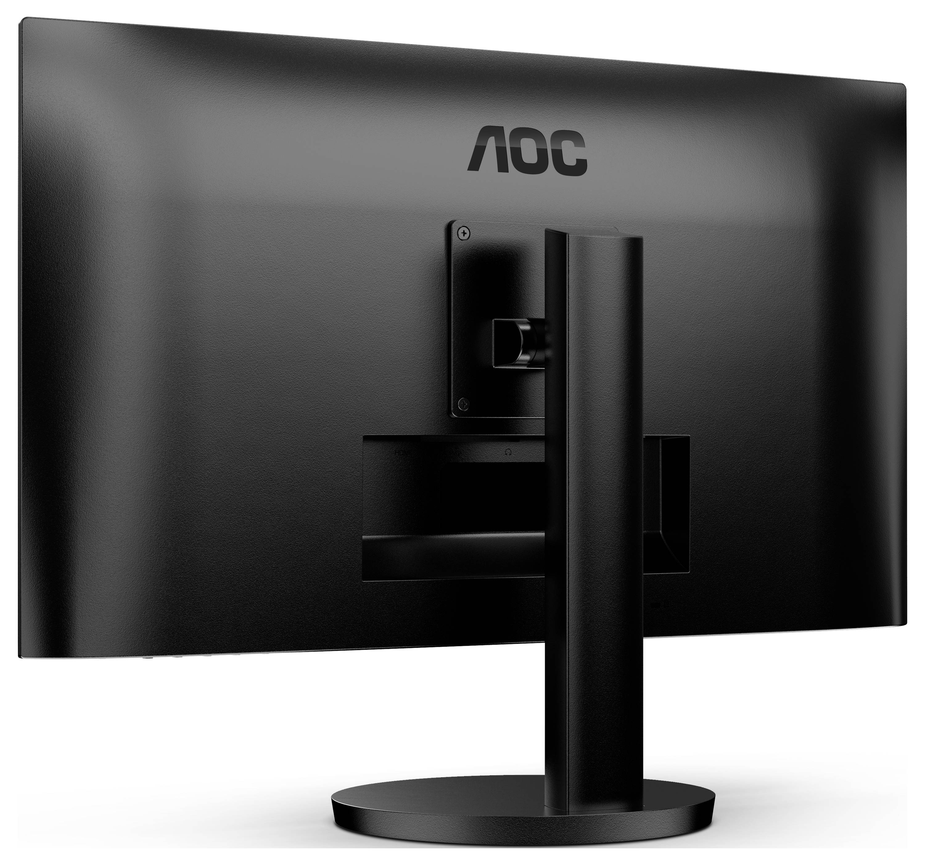 Crni AOC monitor s leđa, postavljen na okrugloj stalnoj bazi, s jasnom strukturom i jednostavnim dizajnom.