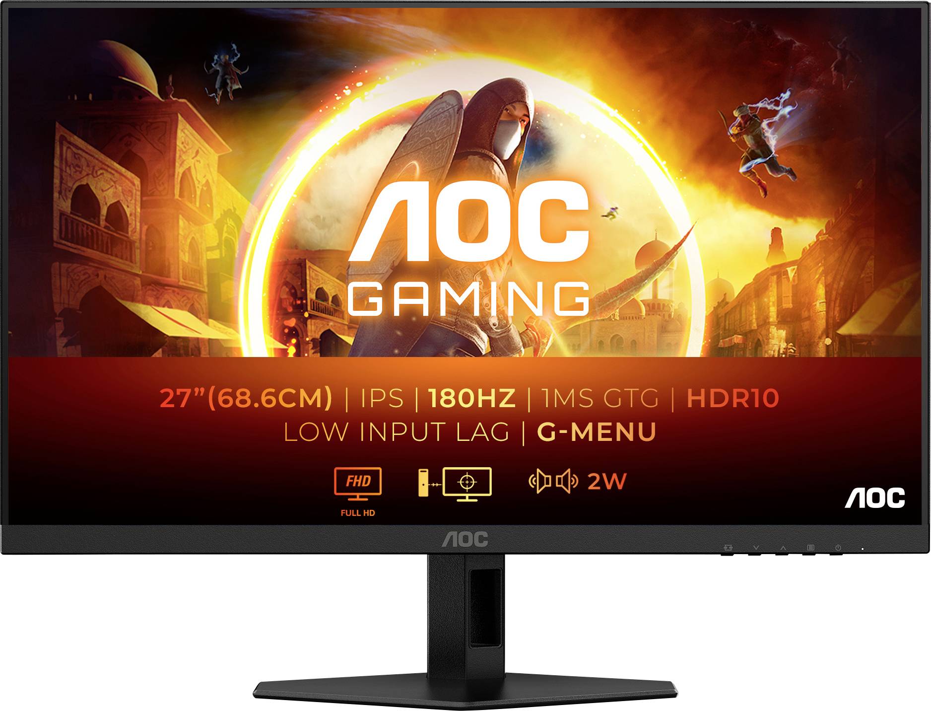 AOC Gaming monitor od 27 inča (68,6 cm), IPS zaslon, 180 Hz, odzivno vrijeme od 1 ms, HDR10 i G-Meni. Idealan za gaming.