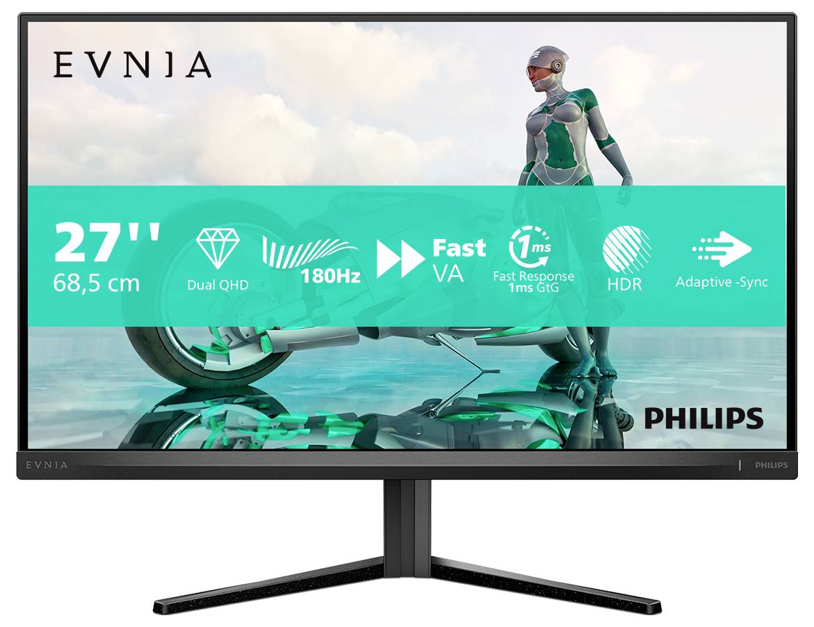 Philipsov monitor prikazuje futurističku figuru na motociklu ispred neba prepunog oblaka. Zaslon reklamira dijagonalu od 27 inča i osvježavanje od 180 Hz.
