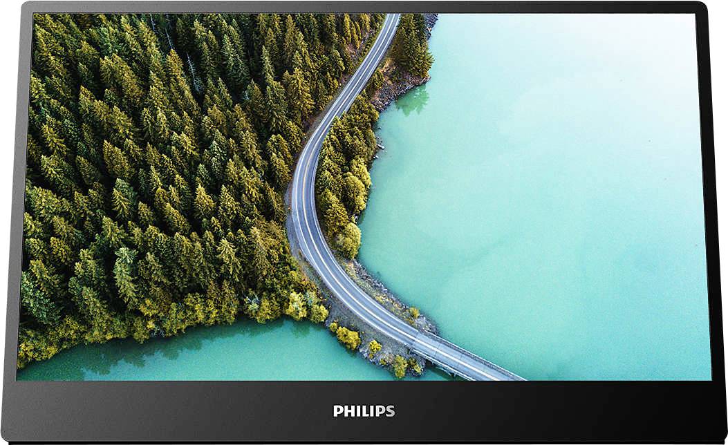 Monitor prikazuje sliku vijugave ceste koja se proteže kroz gustu šumu pored tirkiznog jezera. Logo Philipsa nalazi se pri dnu.
