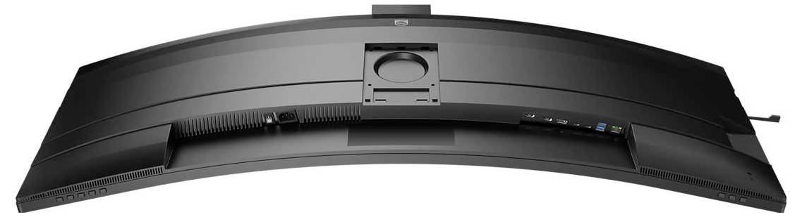 Zakrivljeni crni monitor snimljen odozgo, prikazuje ventilator i priključke.