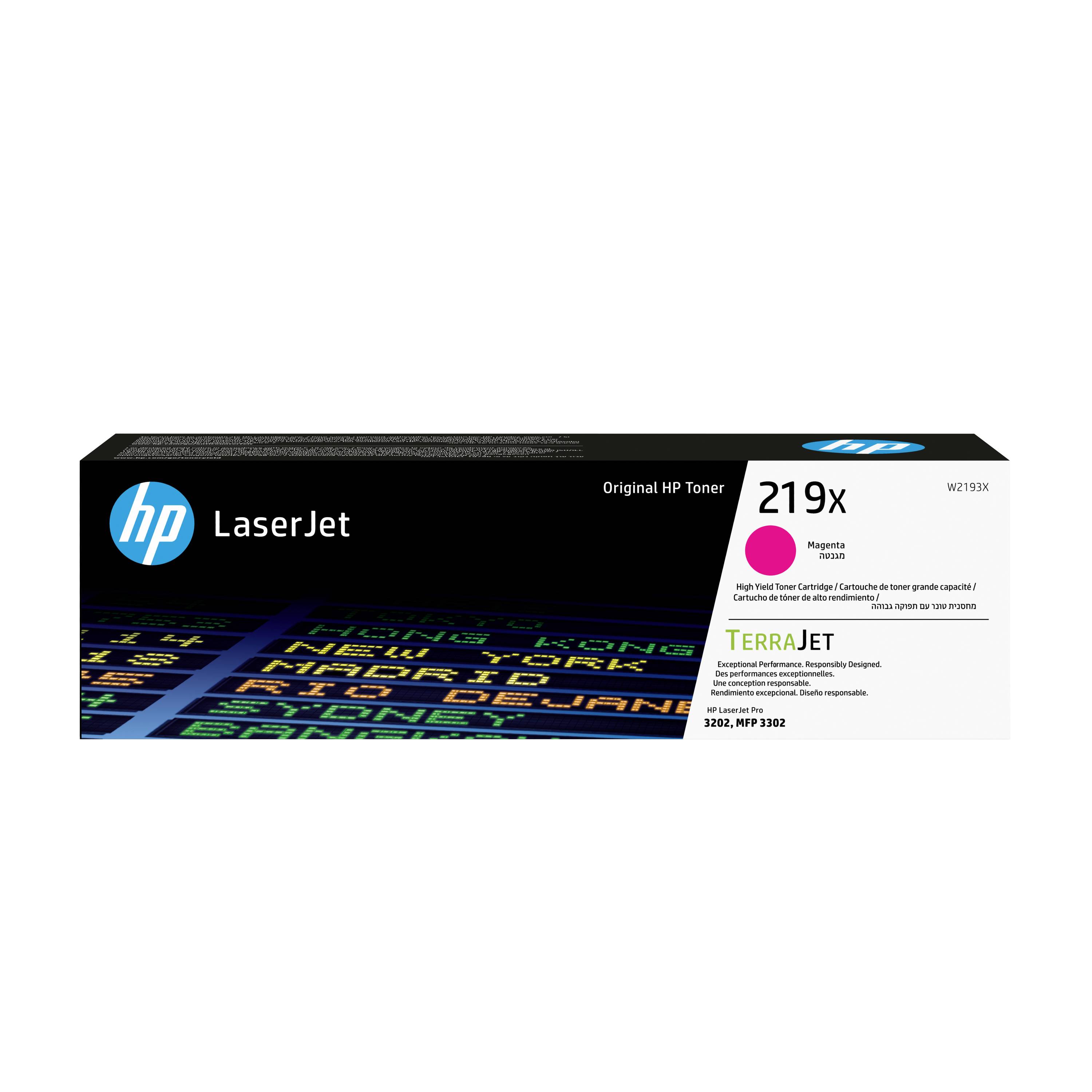 HP LaserJet 219X magenta toner kartuša kutija, originalni HP toner, prikazan u crnom pakiranju s brendom 'TerraJet'.