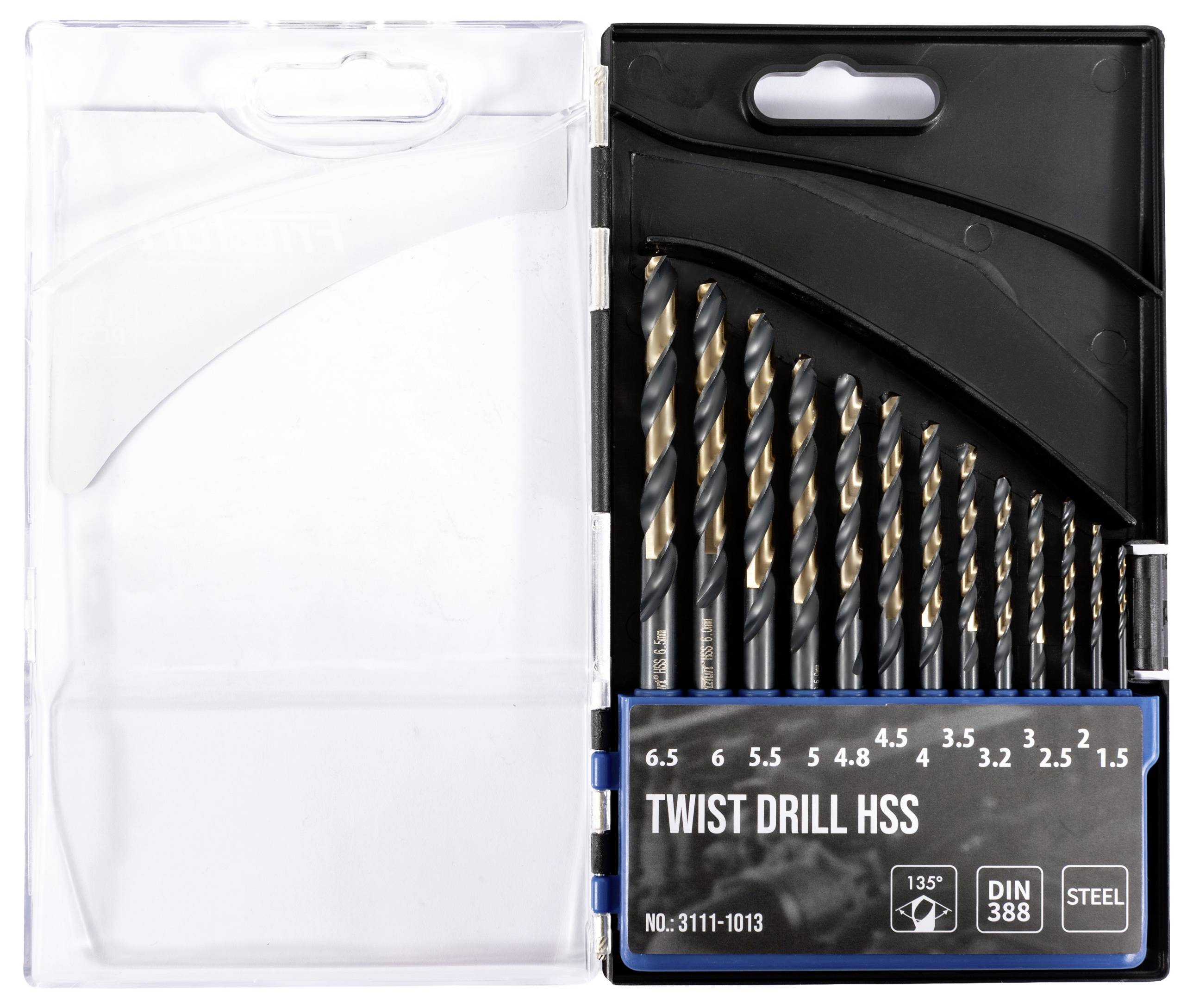 Set svrdla za bušenje u plastičnoj kutiji, veličine od 2,5 mm do 6,5 mm. Označeno kao 'Twist Drill HSS', pogodan za čelik.
