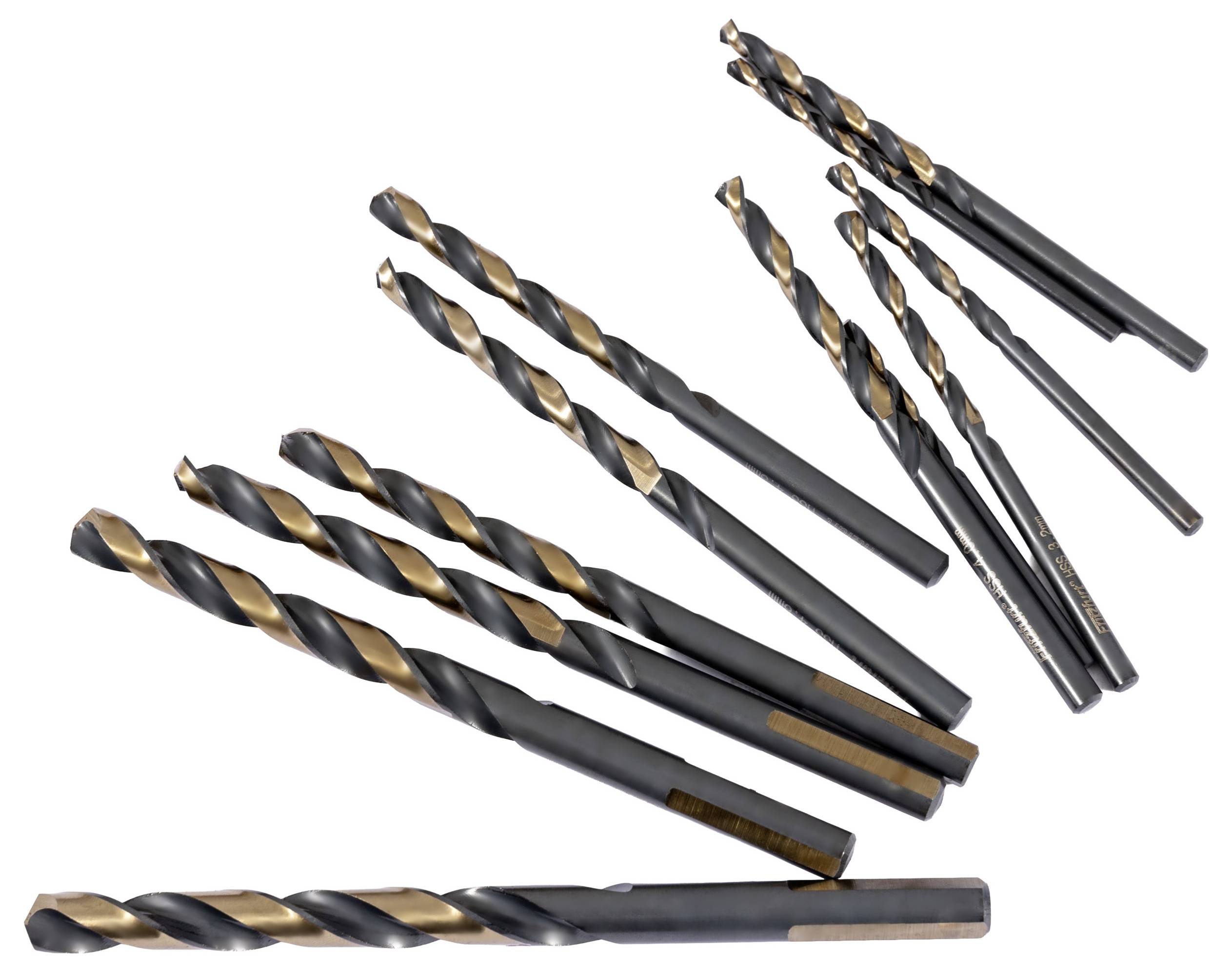 Set od dvanaest spiralnih burgija poredanih u dva reda, različitih veličina, s crno-zlatnom završnom obradom, koje prikazuju svoje rezne bridove.