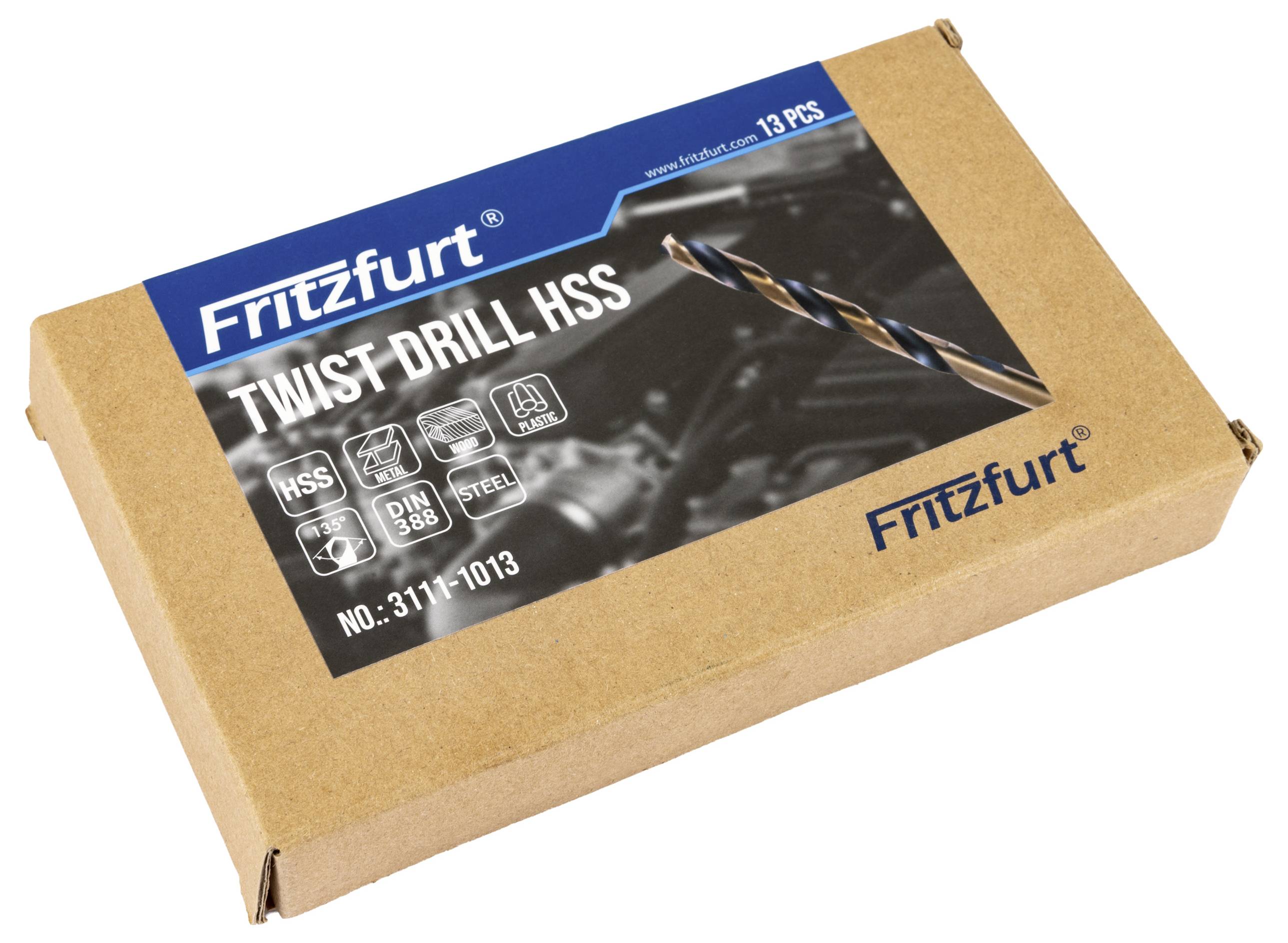 Kutija označena 'Fritzfurt Twist Drill HSS, 13 komada'. Sadrži ikone za HSS materijal, DIN 338 standard i smanjeni prihvat, sa šifrom proizvoda 311-1013.