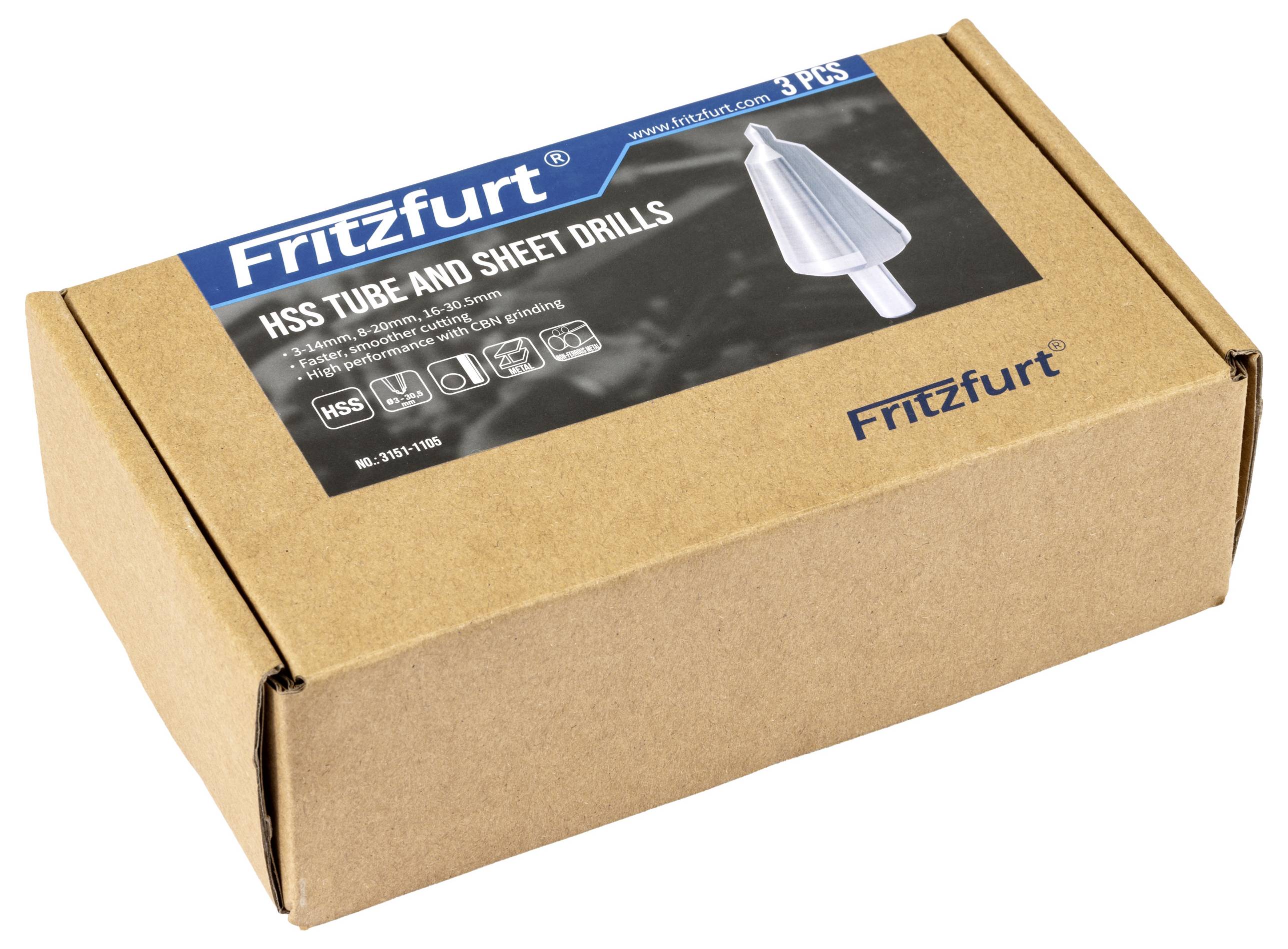 Kartonska kutija označena natpisom 'Fritzfurt HSS Tube and Sheet Drills', koja prikazuje sliku svrdla i navodi '3 KOM'.