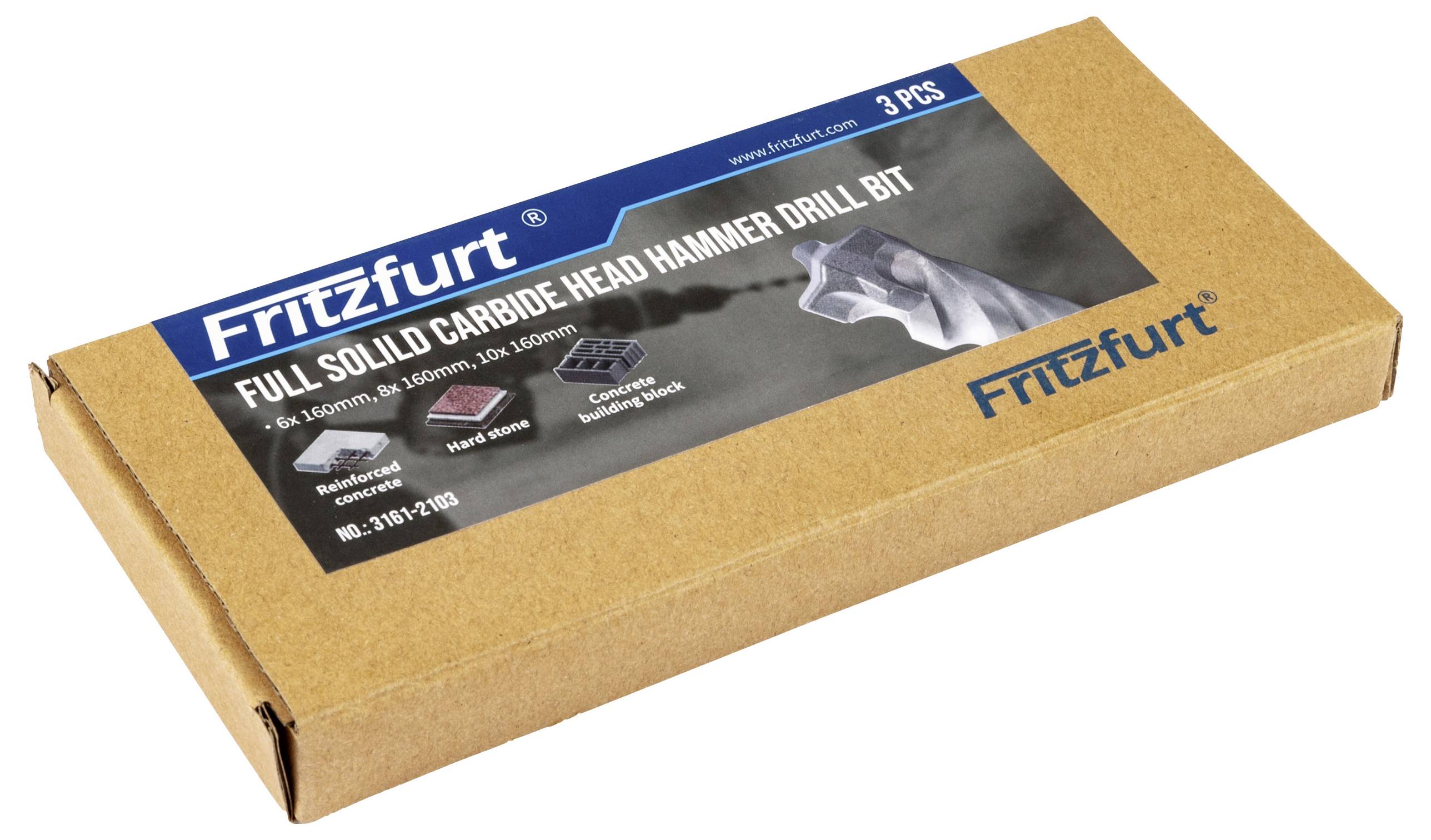 Kutija označena 'Fritzfurt Full Solid Carbide Head Hammer Drill Bit', koja sadrži tri komada različitih veličina, prikazana na ambalaži.