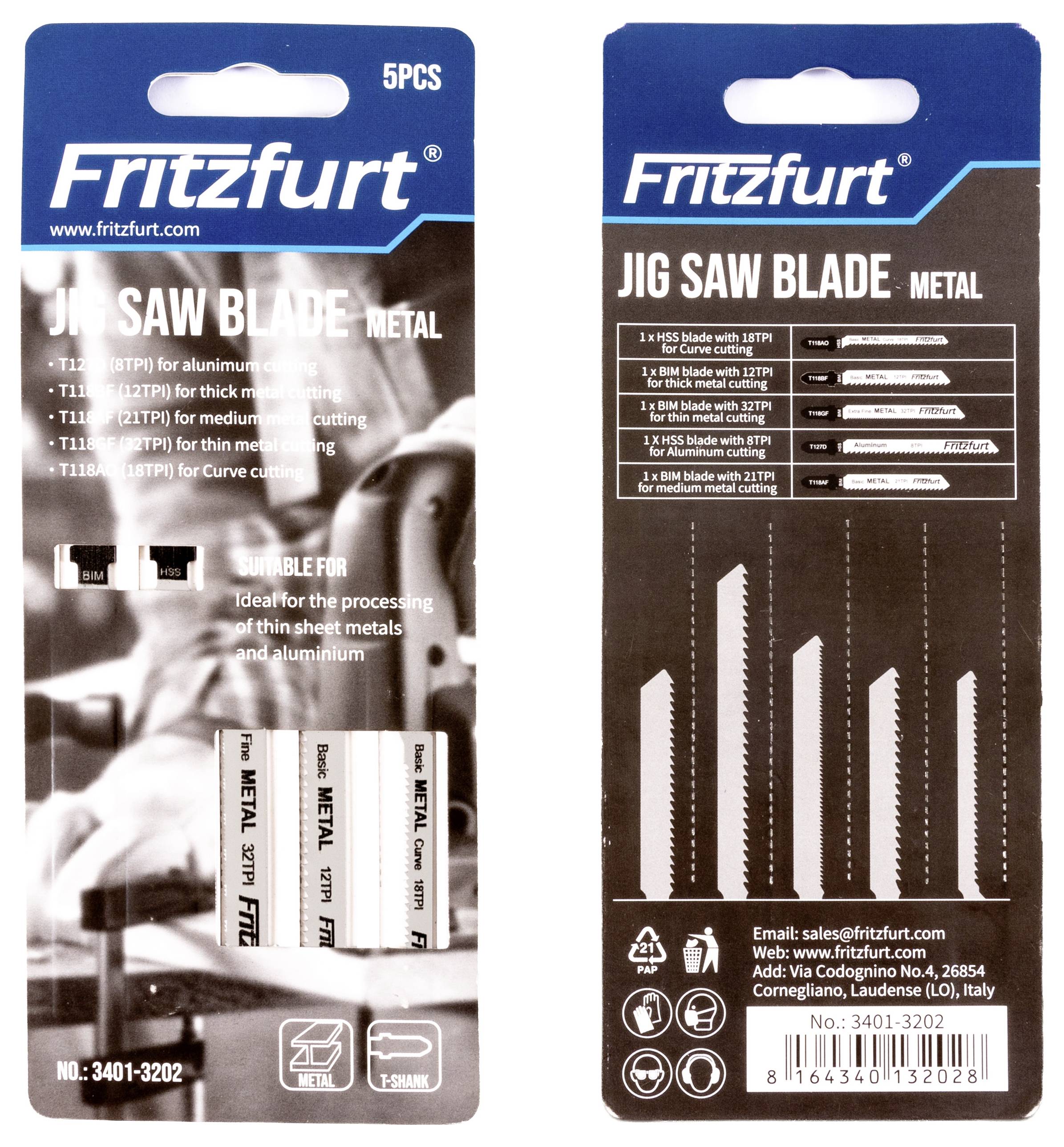 'Fritzfurt Listovi pile za metal'. Pakiranje za 5 metalnih listova pile, prikazuje tipove T118A, T1175, T1305 za aluminij i tanke metale.