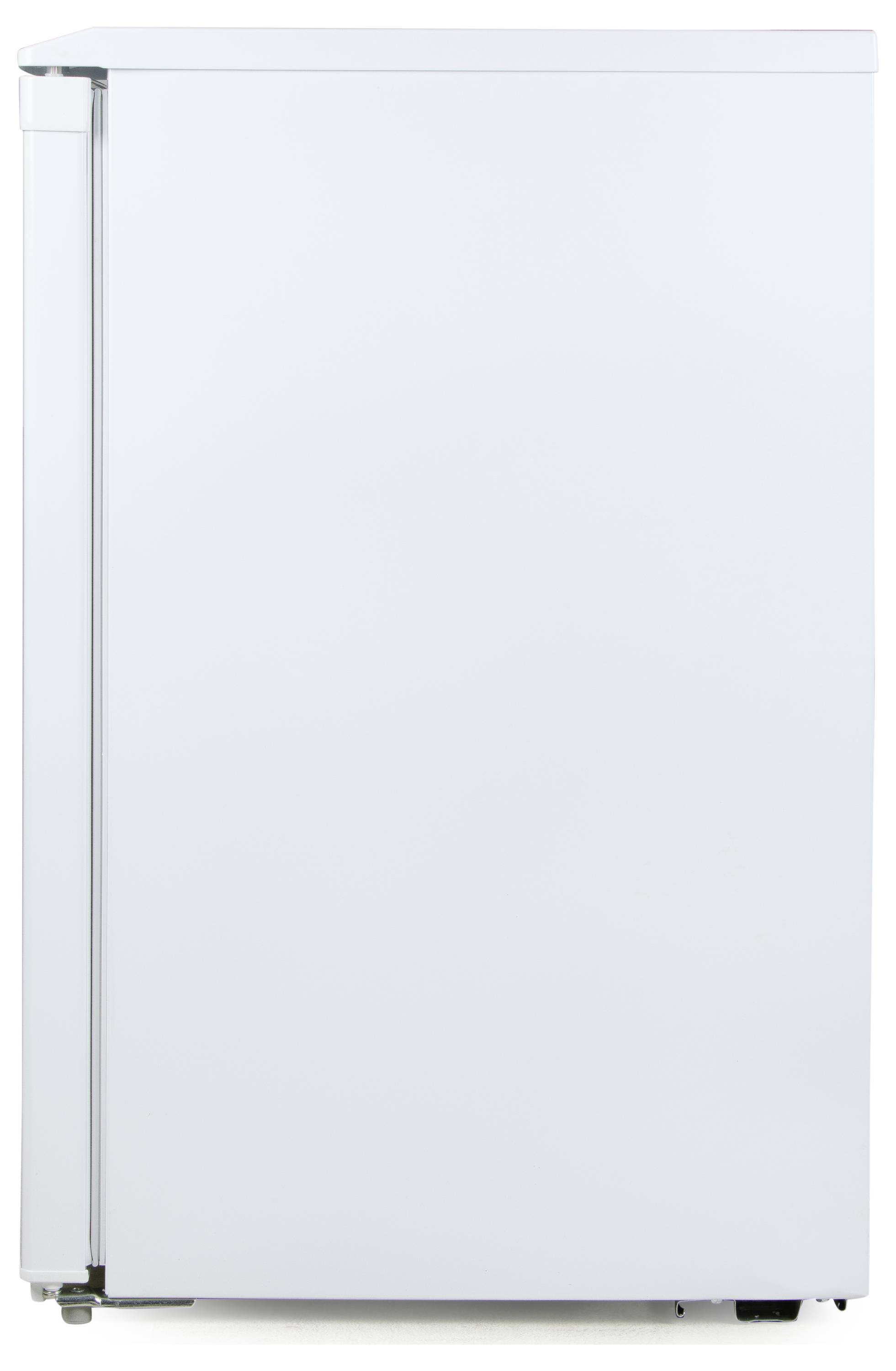 Bijeli hladnjak s jednostavnom, glatkom površinom, vidljiv iz profila. Bez posebnih oznaka ili detalja.