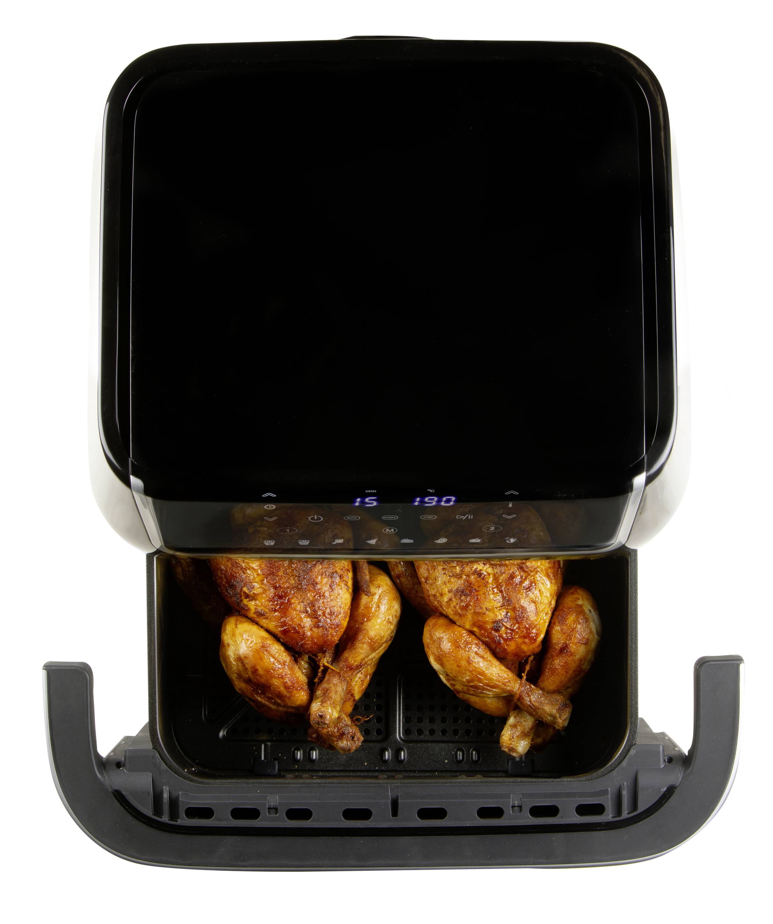 Crni, kvadratni airfryer s otvorenom ladicom u kojoj leže dvije pečene piletine. Digitalni zaslon prikazuje '15 min.' i '190°C'.