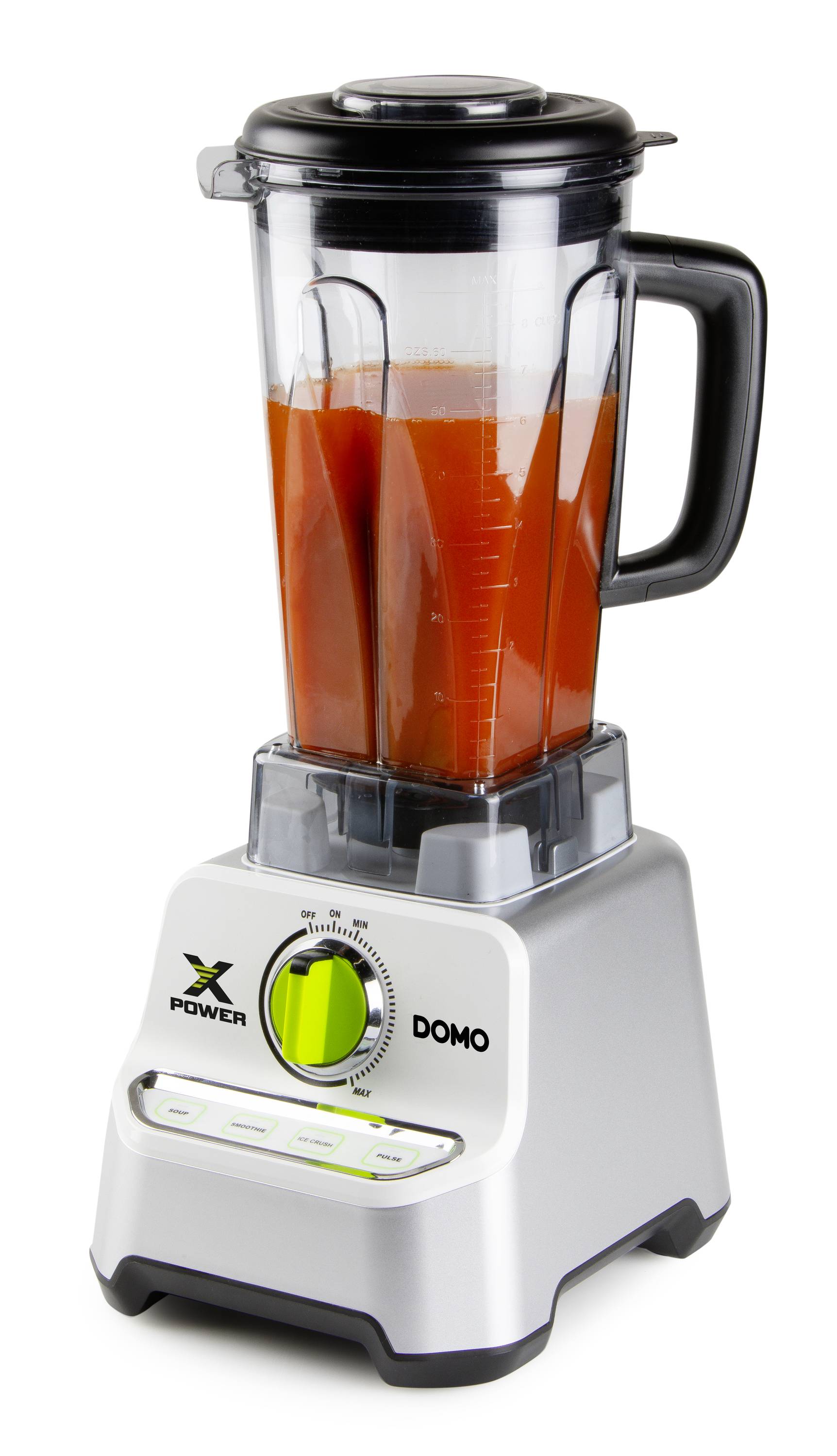 Srebrni stolni blender s crnim poklopcem, napunjen crvenom tekućinom. Upravljačka ploča s regulatorom i tipkama vidljiva sprijeda.