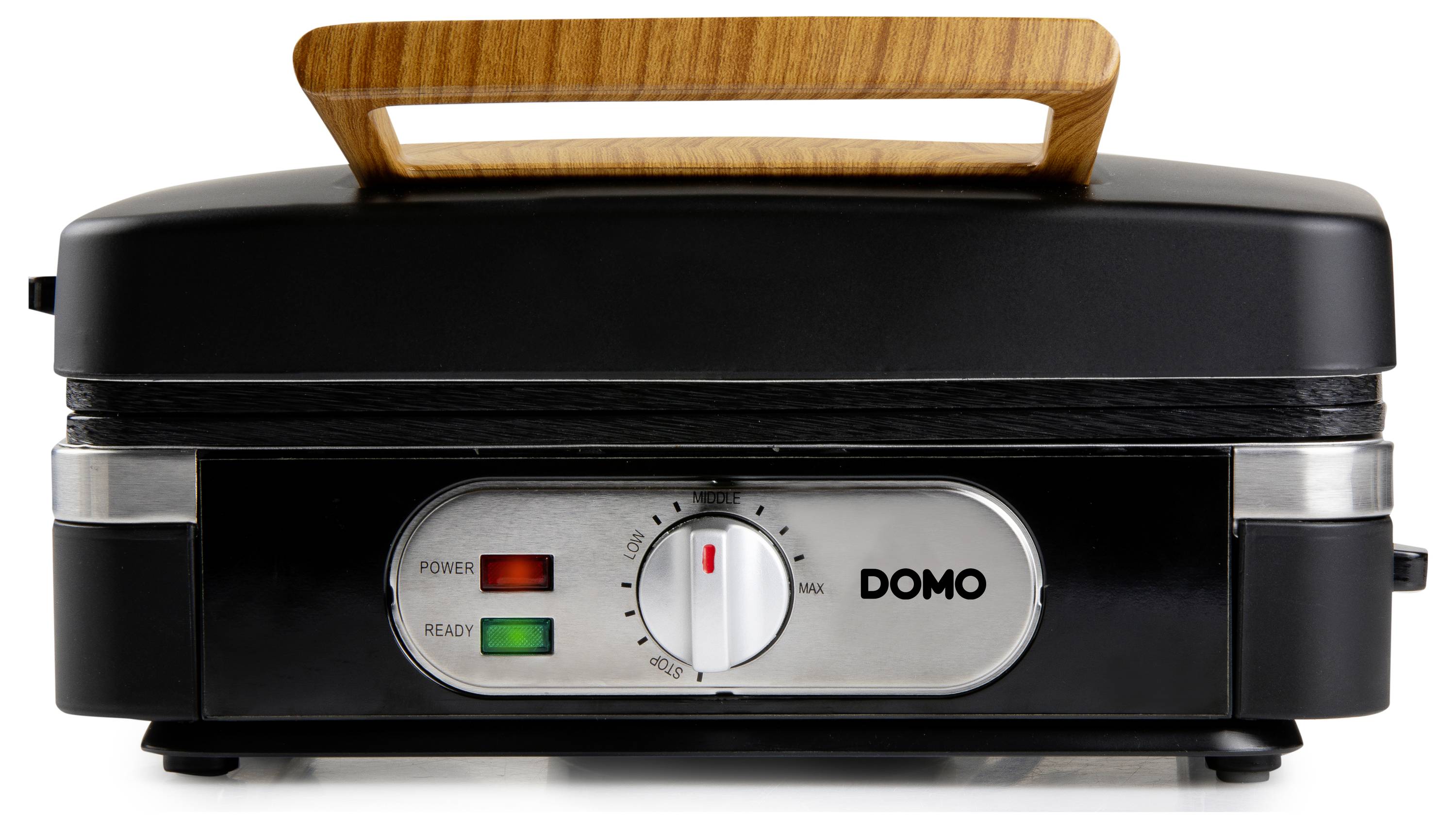 Crni kontaktni roštilj s drvenom ručkom. Na prednjoj strani nalaze se tri indikacije: 'Power', 'Ready' i regulator temperature.