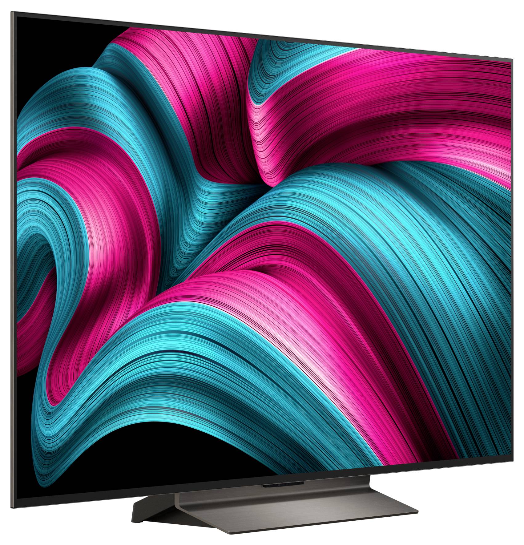 Zakrivljeni LED TV koji prikazuje živahne apstraktne zavoje u plavoj i ružičastoj boji na zaslonu, naglašavajući intenzivne boje i elegantan dizajn.
