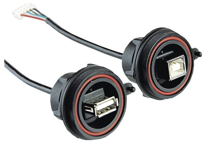 Dva okrugla USB priključka s kabelom, jedan s USB-A i drugi s USB-B, na bijeloj pozadini.
