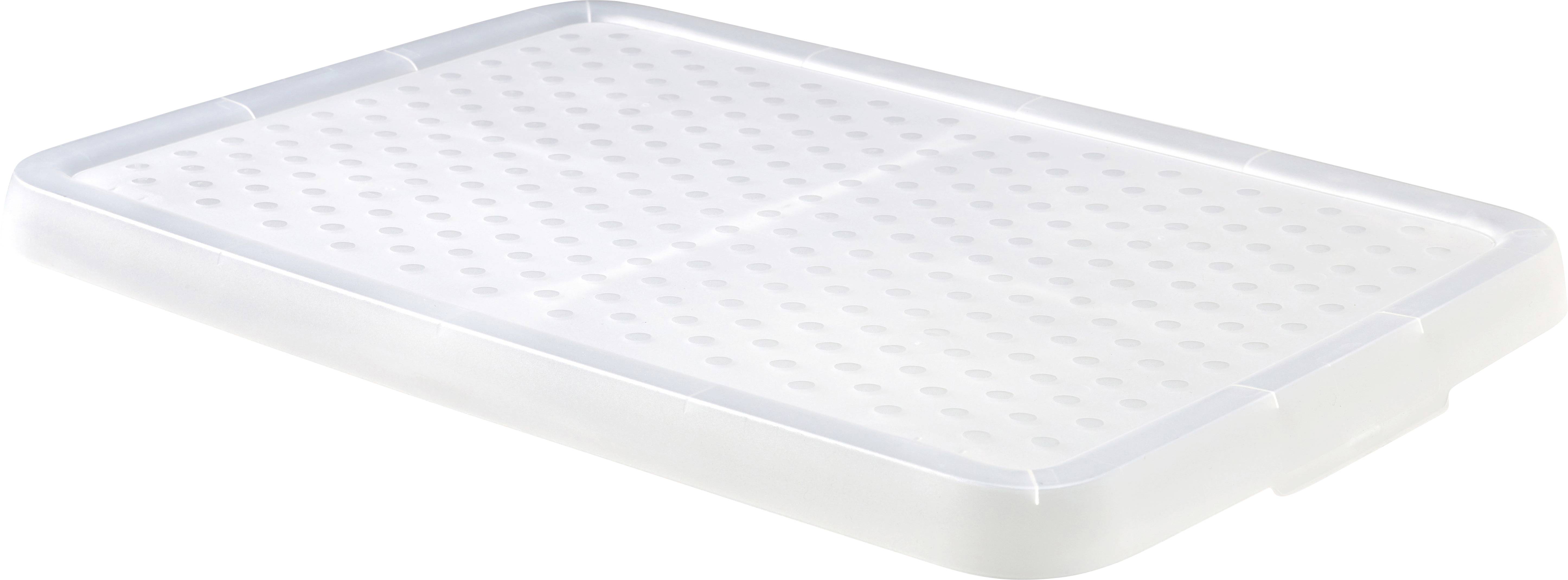 Pravokutni, bijeli plastični poklopac s ventilacijskim otvorima, pogodan za kutije za pohranjivanje.