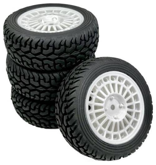 Gomila od sedam crnih guma za automobile s bijelim felgama prikazuje profil robusne terenske gume.