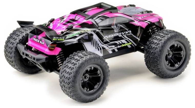 Daljinski upravljani modelarski automobil ružičasto-crne boje s velikim gumama, poznat kao Adler AD21WA, prikazan s bočne strane.