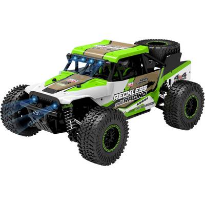 Daljinski upravljan automobil robustnog dizajna, zelenim naglascima i velikim off-road gumama. Na boku ispisan natpis 'Reckless Racing'.