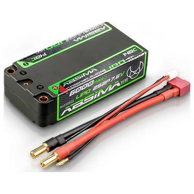 LiPo baterija 6000mAh 7.6V 140C od Absime. Pravokutna, crna baterija s dva crvena kabela i bijelim priključkom.