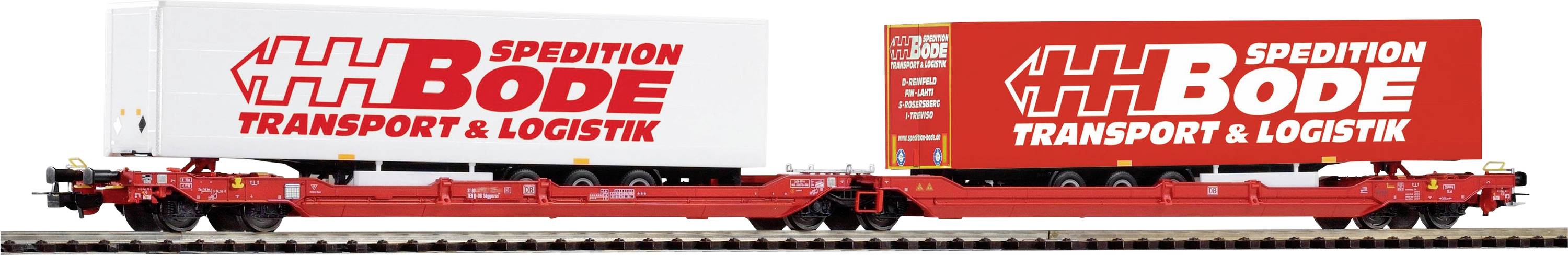 Model željezničkog teretnog vlaka s dva kontejnera koji nose logo 'Spedition Bode Transport & Logistik'.