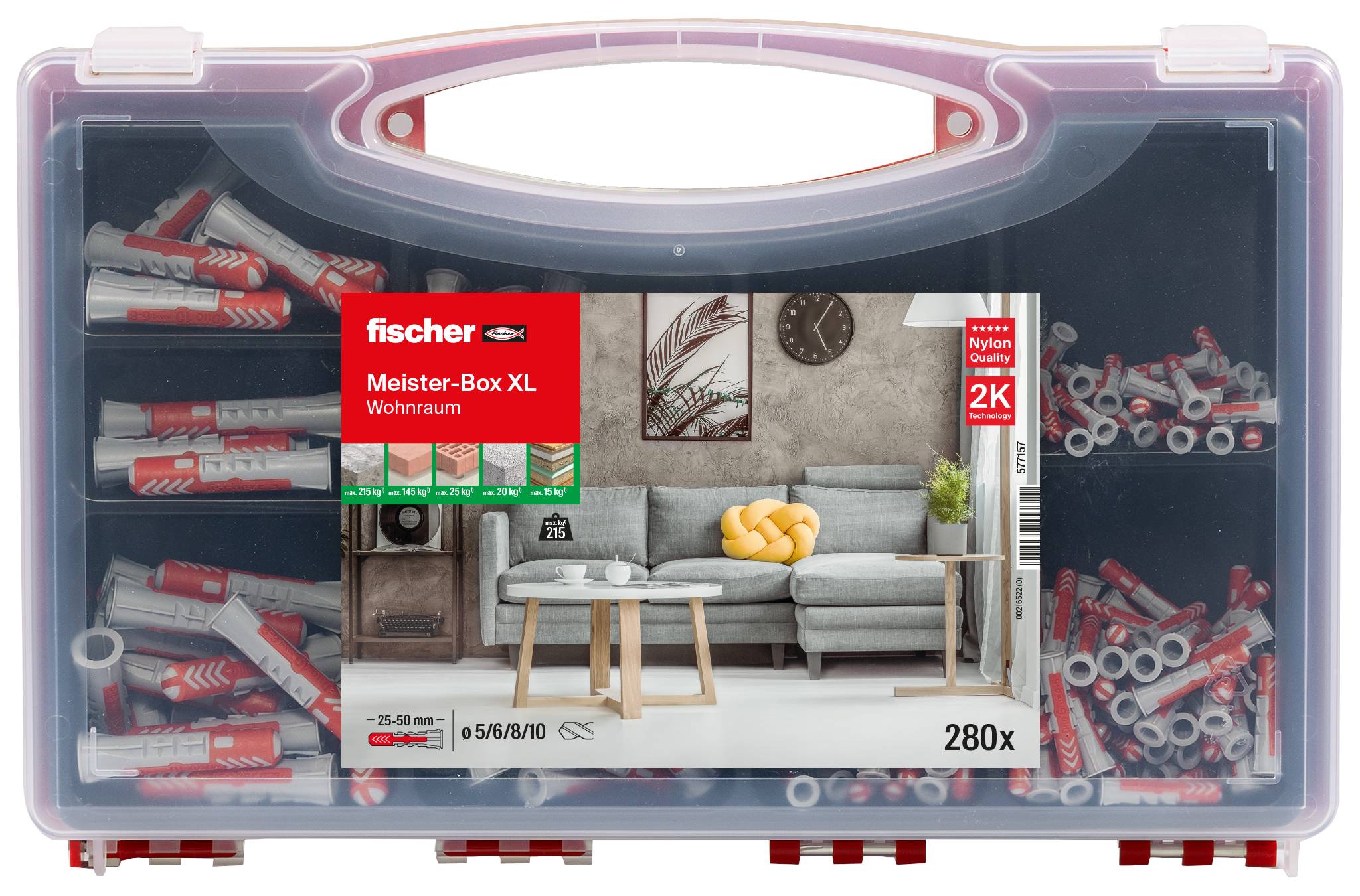 Plastična kutija za pohranu Fischer Meister-Box XL tipla i vijci, označena s '5/6/8/10' i '280x', s ilustracijom instalacije dnevne sobe na prednjoj strani.