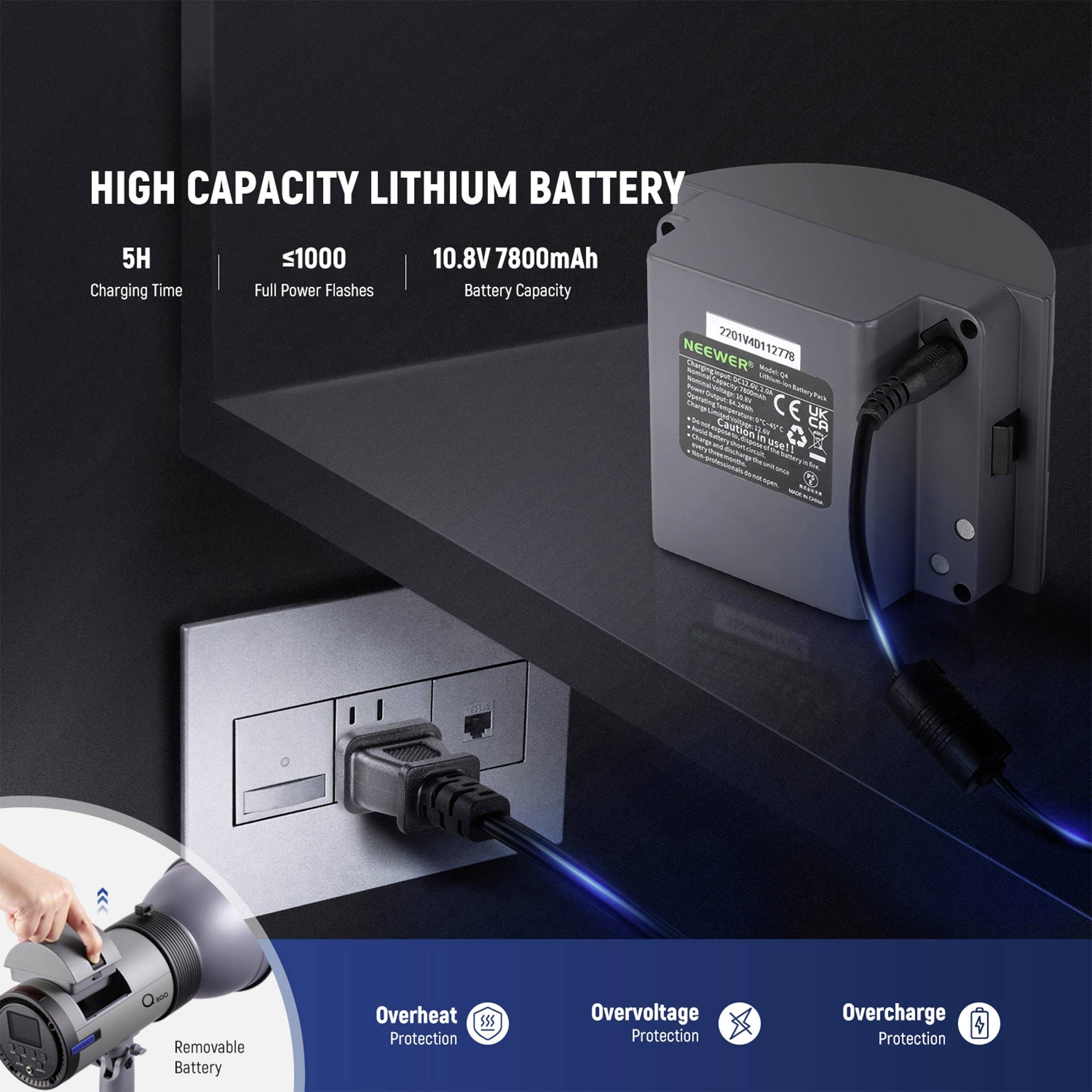 Slika Neewer litij-ionske baterije od 10,8V i 7800mAh. Informacije o punjenju: 5h vrijeme punjenja, zaštita od pregrijavanja i prenapona.