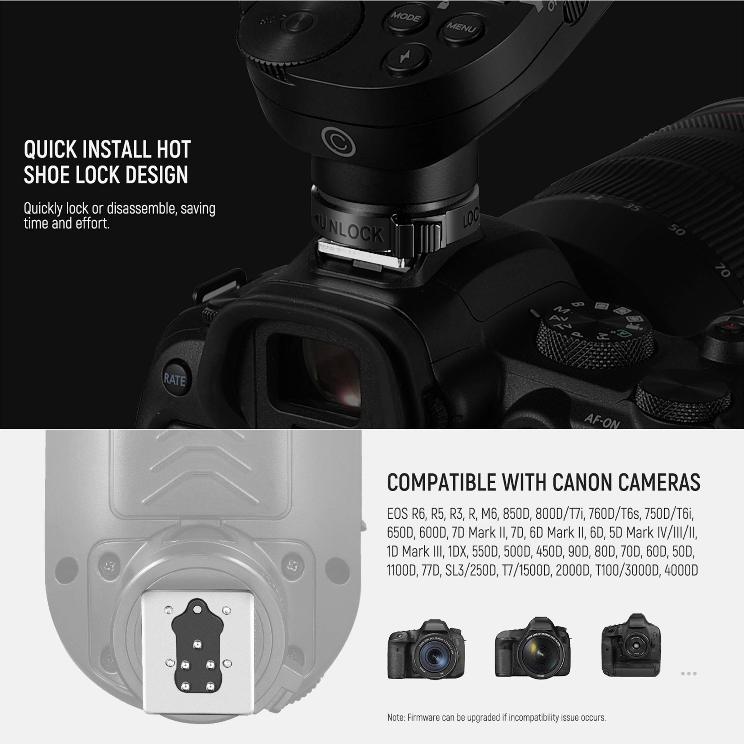Kamera s brzim stalkom i objektivom. Tekst opisuje kompatibilnost s Canon modelima poput EOS R5, EOS 1D, EOS 90D.