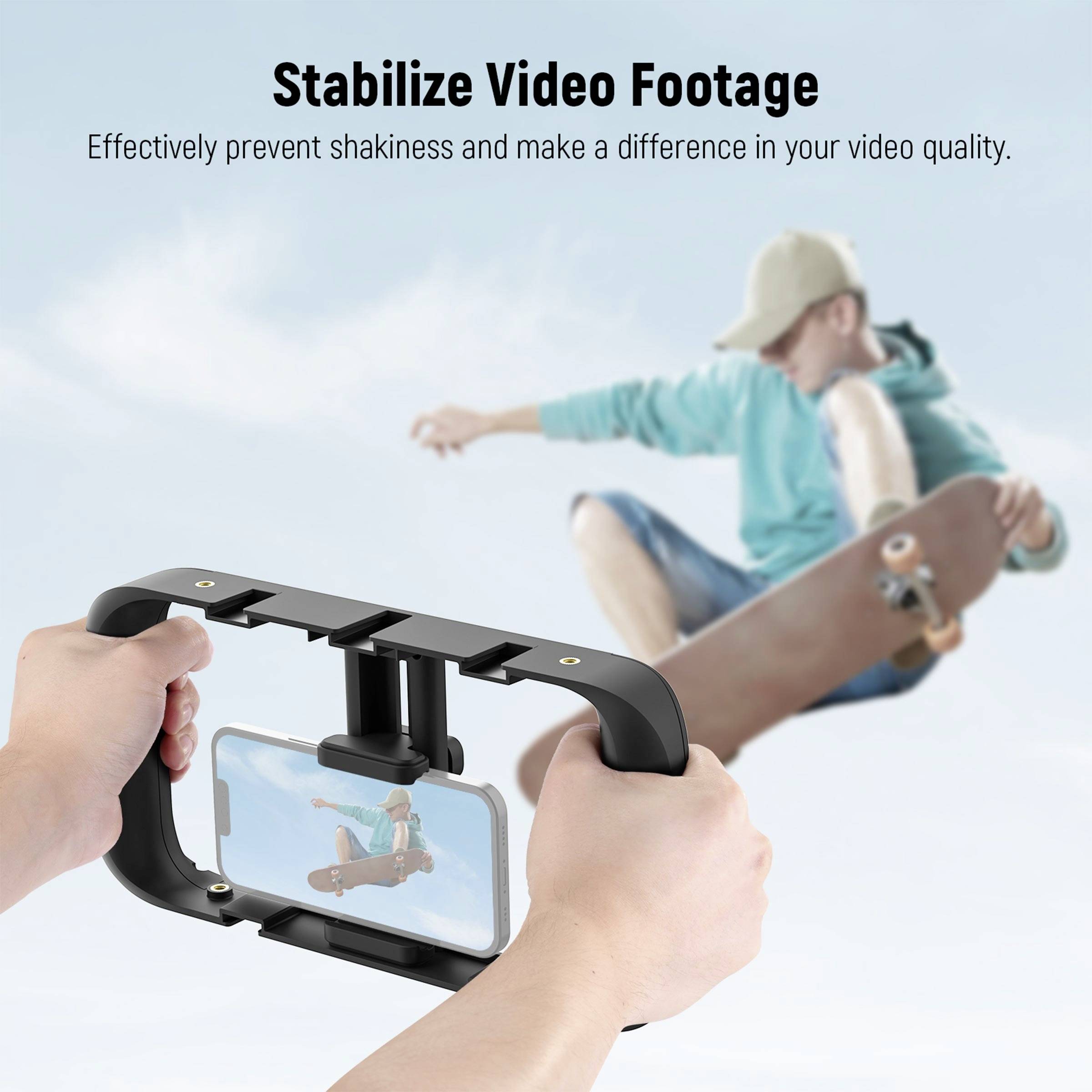 Dvije ruke drže smartphone gimbal, dok u pozadini skejter lebdi u zraku. Tekst: 'Stabiliziranje video zapisa'.