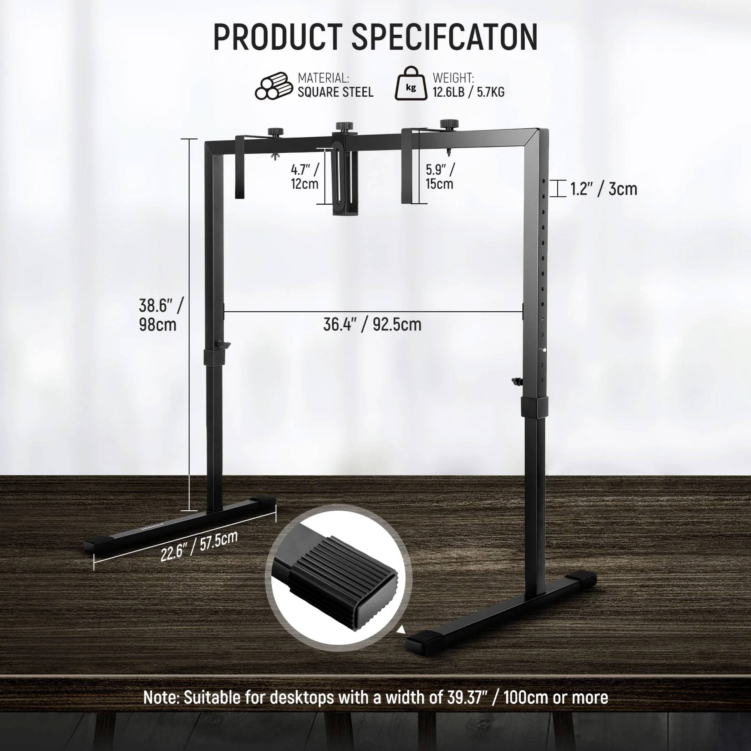 Specifikacija proizvoda za stalak za monitor od čelika s dimenzijama: Visina 38,6" do 48", širina 36,4". Težina: 6,5 kg. Pogodan za radne stolove širine 100 cm.