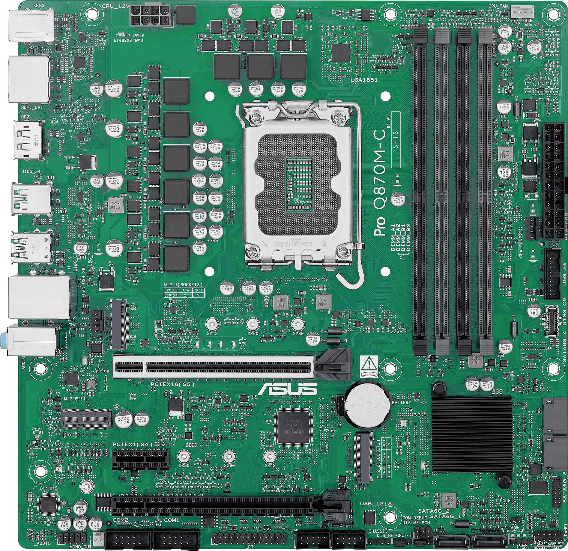 Zelena glavna ploča s različitim priključcima, utorima i čipovima. Natpis 'ASUS Pro Q87M-C' je vidljiv.