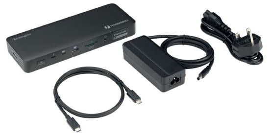 Kensington Thunderbolt 3 stanica za priključivanje s napajanjem, dva kabela i mrežnim kabelom. Za povezivanje uređaja s prijenosnim računalima.