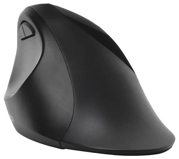 Ergonomski oblikovana bežična računalna miš u crnoj boji s vertikalnim dizajnom za ergonomski položaj ruke.