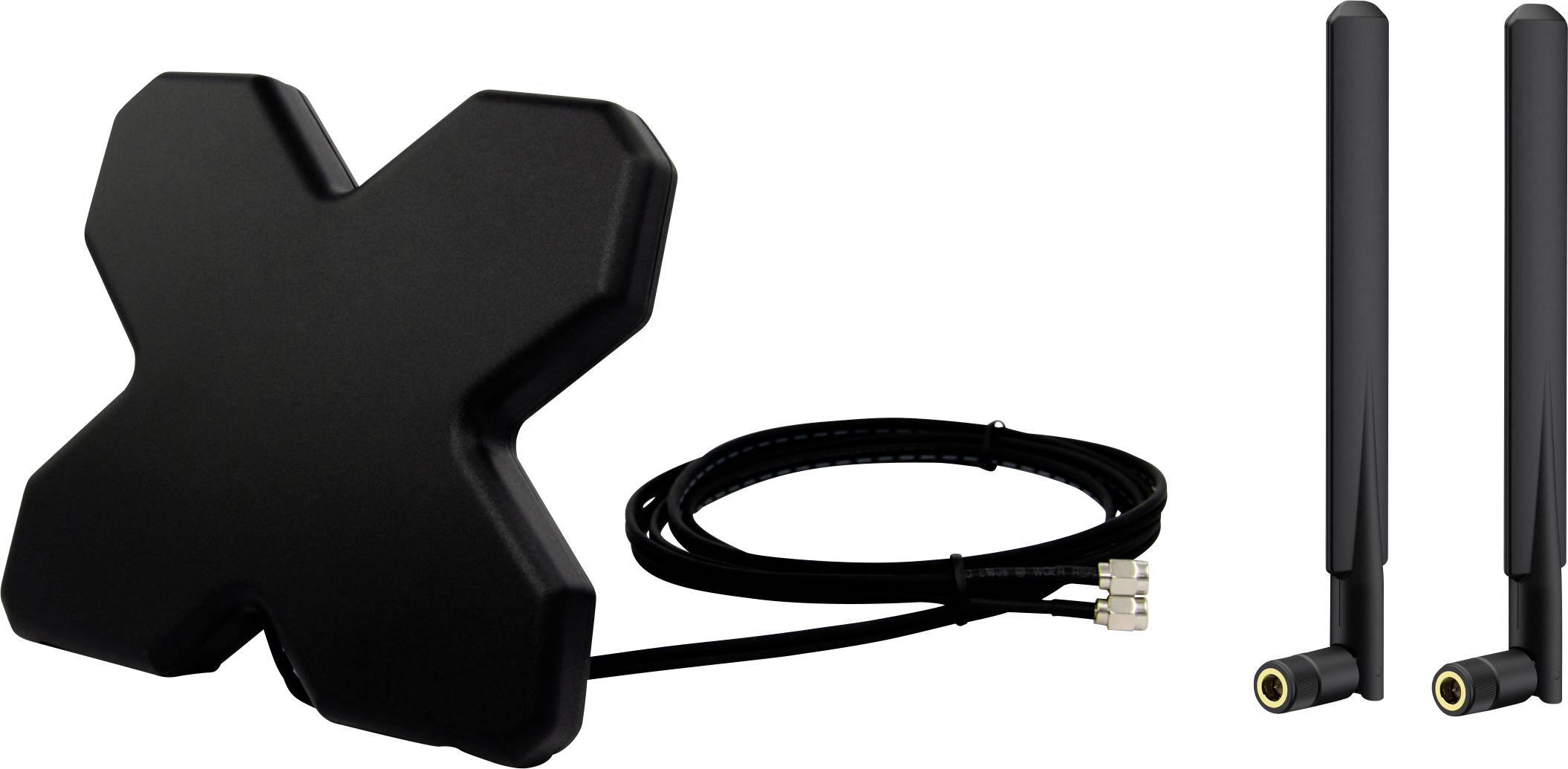 Ravna, crna antena s križnim elementom i priključkom za kabel te dvije odvojene cilindrične antene koje služe za bolju jakost WLAN signala.