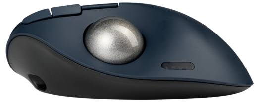 Mornarskoplava ergonomska trackball miš sa srebrnom kuglom gore, dva tipke za klikanje i bočnim kliznim prekidačem.