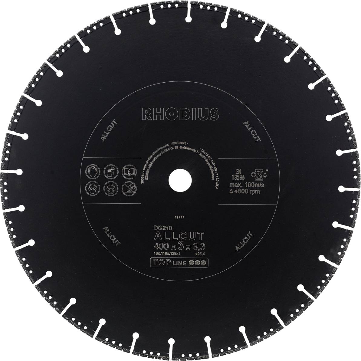 Kružni crni dijamantni rezni disk s natpisom 'RHODIUS ALLCUT', veličine 400 x 3,3 mm, maksimalne brzine vrtnje 4800 o/min.