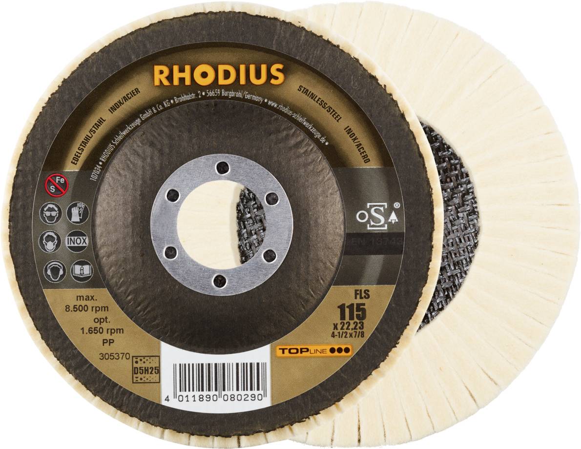 Rhodius 305370 Rhodius FLS, 2 stuks viltlamelpolijstmachine 115 x 22,23 mm, Topline, Made in Germany, voor roestvrij staal, staal, non-ferrometalen