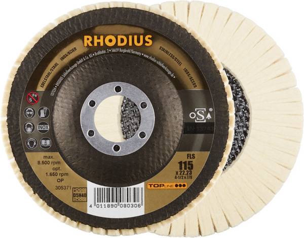 RHODIUS FLS, 2 polirača od filca 115 x 22,23 mm, TOPline, Proizvedeno u Njemačkoj, za nehrđajući čelik, čelik, obojene metale Rhodius 305371