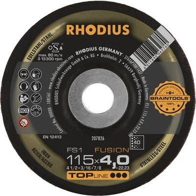 Brusni disk Rhodius, model FS1 Fusion. Promjer 115 mm, debljina 4,0 mm. Pogodan za nehrđajući čelik, max. 13.300 o/min.