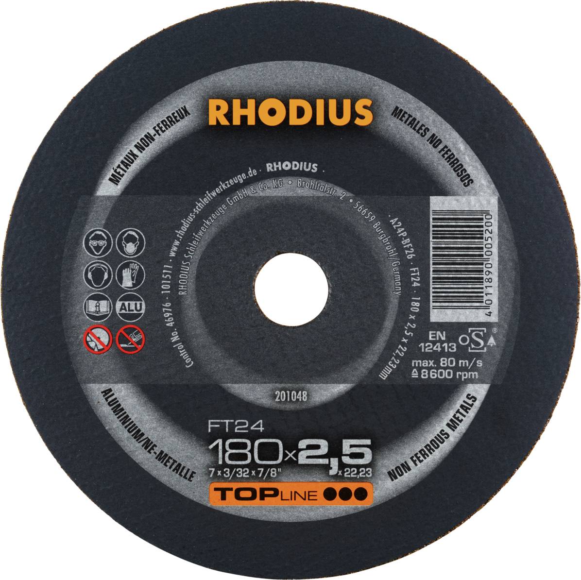 Brusna ploča 'RHODIUS', crna s bijelim i žutim detaljima, pogodna za metal, maks. 80 m/s, 8.600 o/min, promjer 180 x 2,5 mm.