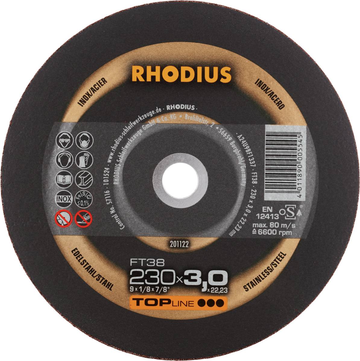 'RHODIUS' rezna ploča za nehrđajući čelik, promjer 230 mm, debljina 3,0 mm. Oznake za sigurnost, proizvođača i upute za upotrebu.