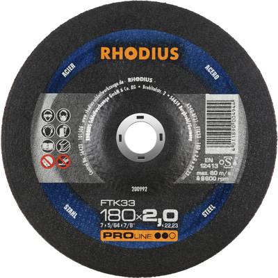 Brusna ploča s natpisom 'RHODIUS', promjera 180 mm, debljine 2 mm, pogodna za čelik, maksimalna brzina vrtnje 8600 o/min.