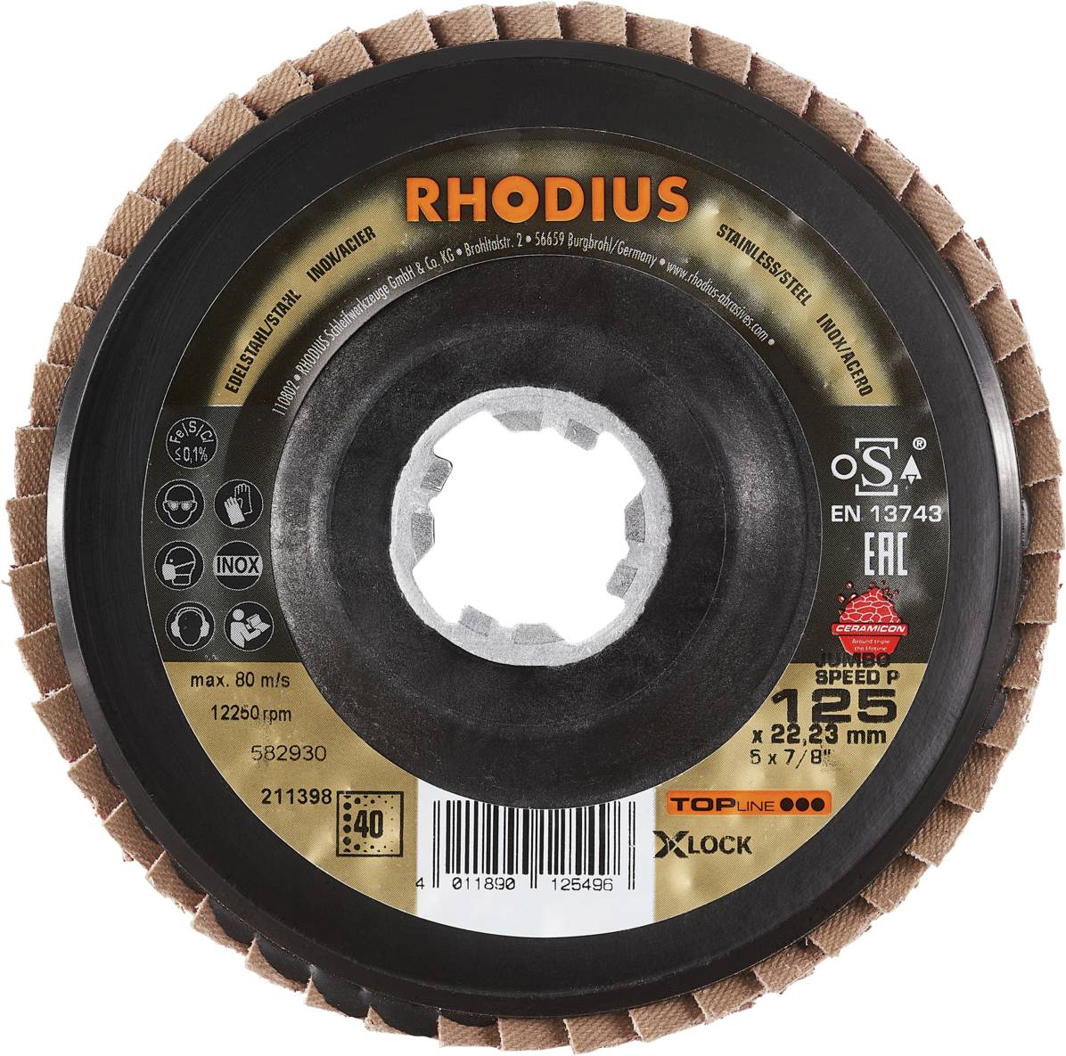 Brusna ploča s natpisom 'Rhodius', pogodan za obradu metala, vanjski promjer 125 mm, za X-lock sustav, brzina 80 m/s.