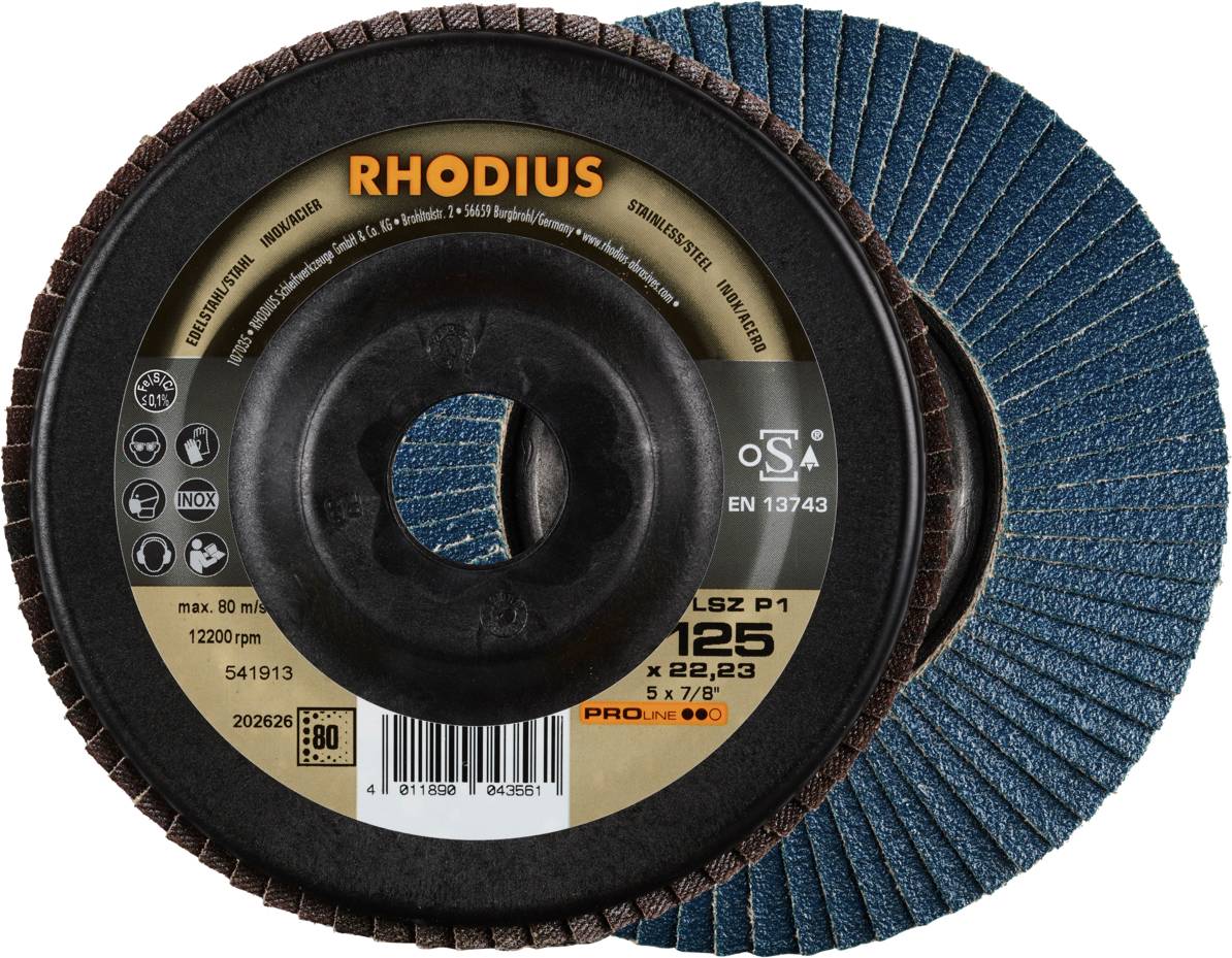 Dvije brusne ploče, jedna smeđa s natpisom 'RHODIUS', druga plava. Obje imaju središnji plastični element.