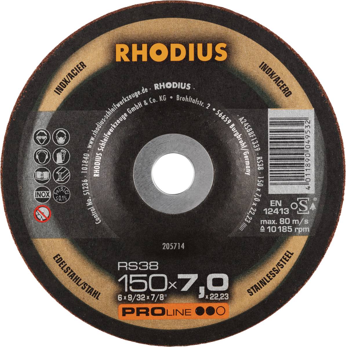Rhodius 205714 RS38 Afbraamschijf RVS, Staal 10 stuk(s)