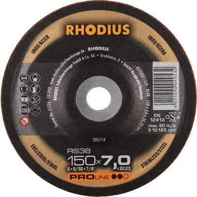 'Brusni disk Rhodius, model RS38, promjer 150 mm, debljina 7,0 mm, za nehrđajući čelik, maksimalna brzina vrtnje 80 m/s, 10185 o/min.'